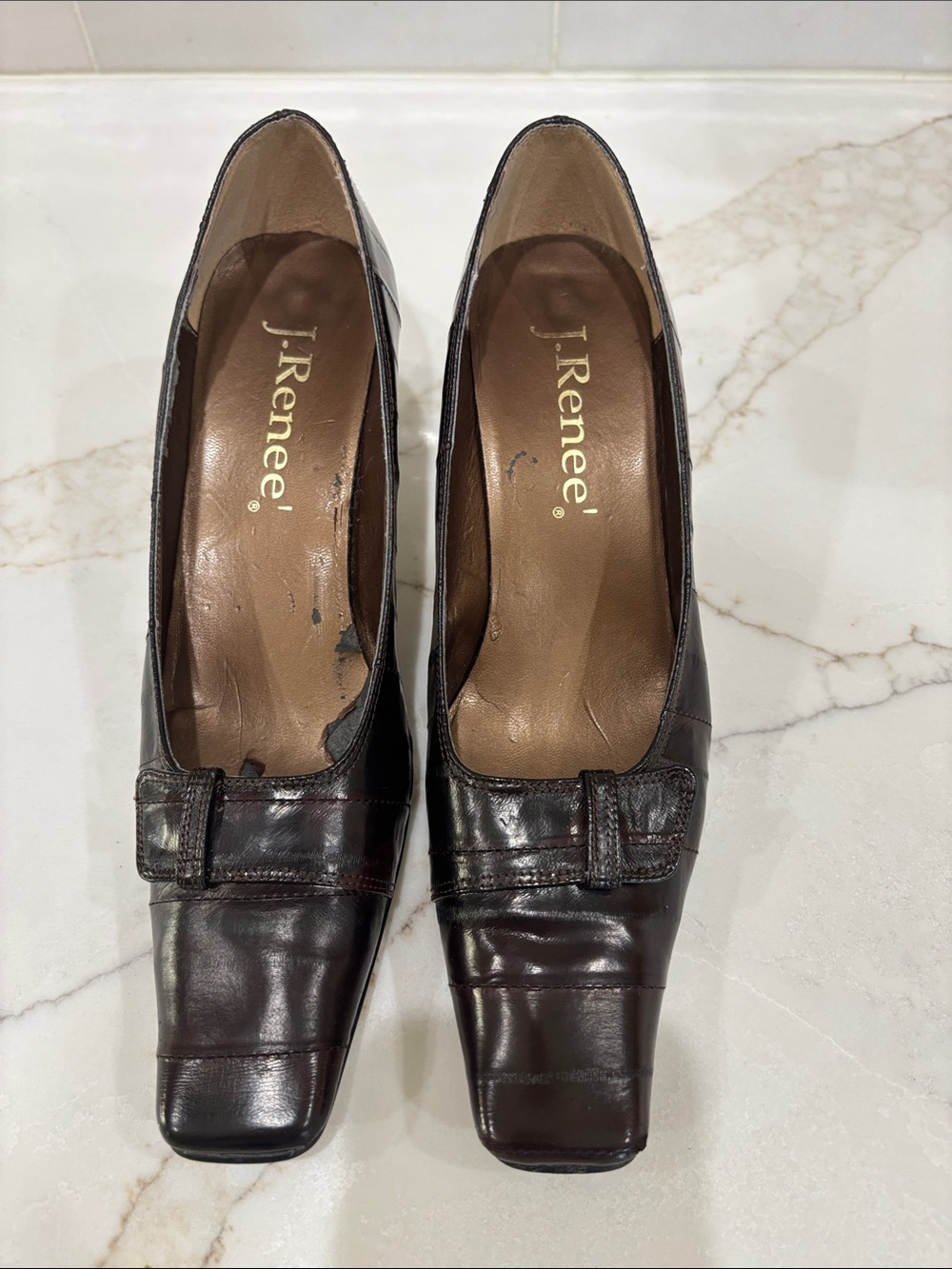 VINTAGE J.Renee Dark Brown Square-Toe Leather Pumps with Buckle Accent
